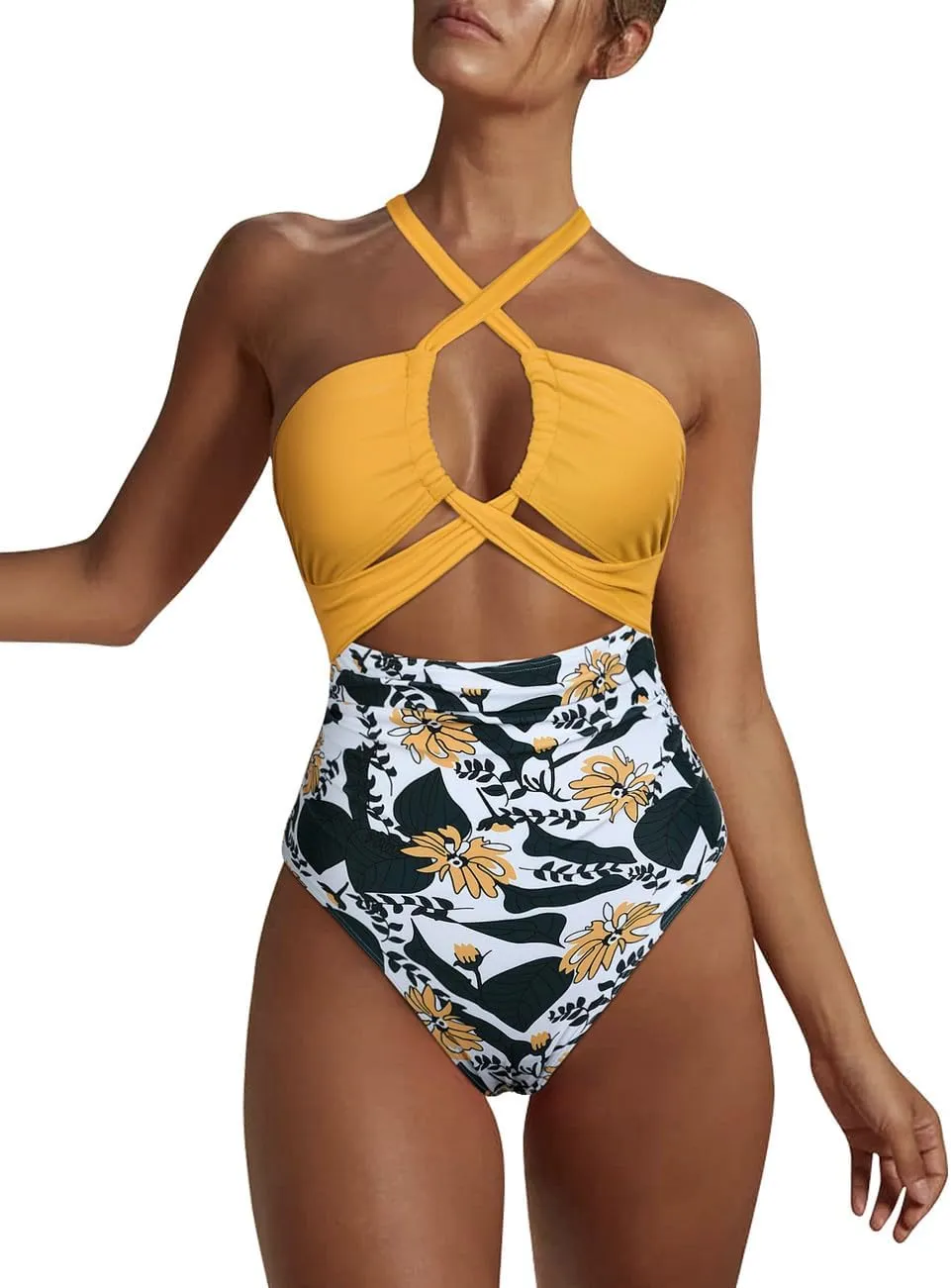 Hilor Women's One Piece Swimsuit Sexy Cutout Halter Bathing Suits Crossover High Cut Monokini Swimwear
