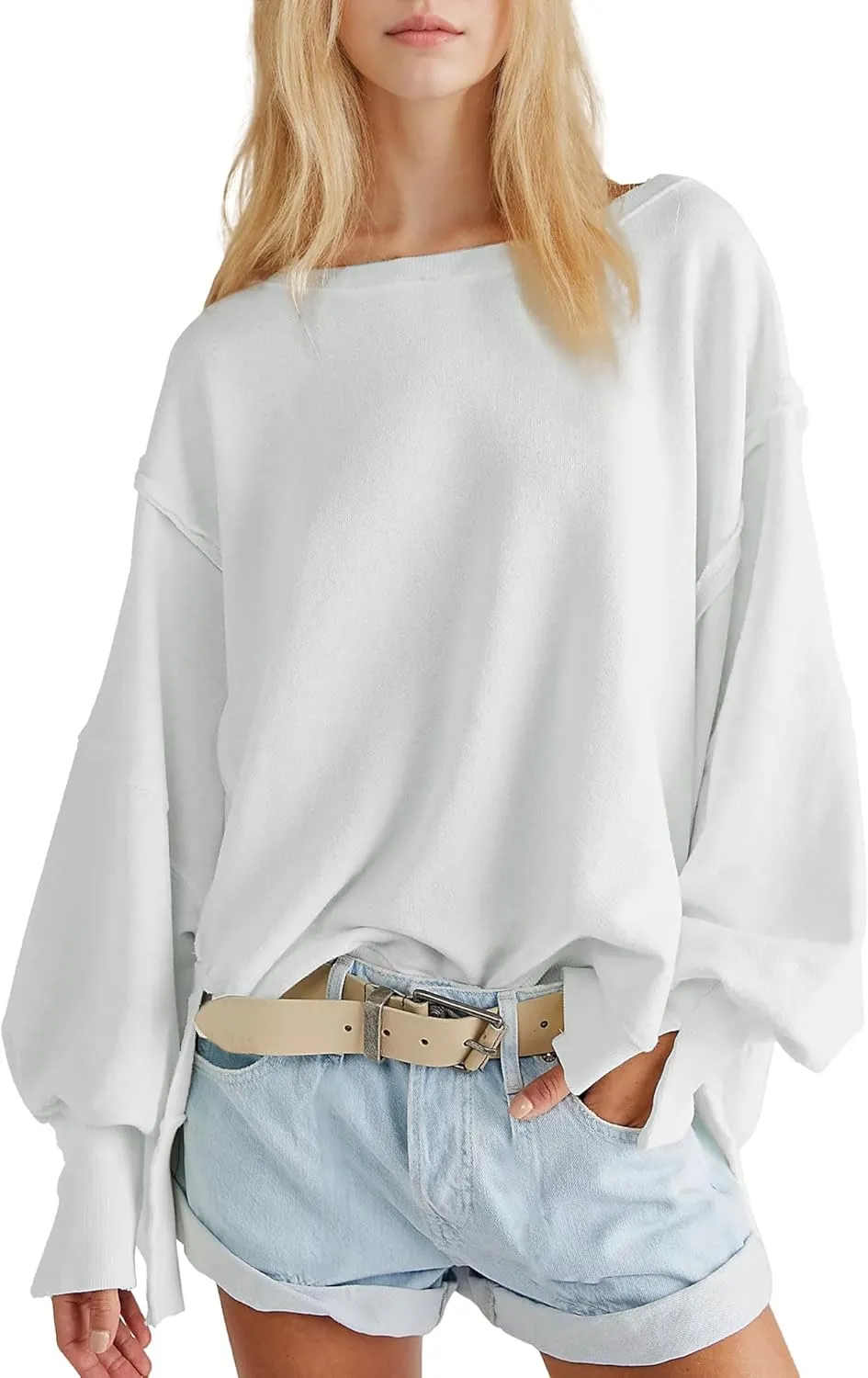 Hixiaohe Women's Oversized Crewneck Sweatshirts Casual Long Sleeve Side Split Pullover Tops Fall Slouchy Hoodie