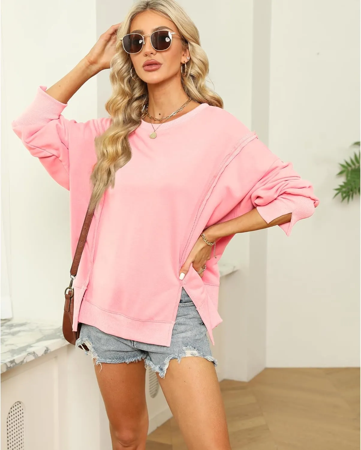 Hixiaohe Women's Oversized Crewneck Sweatshirts Casual Long Sleeve Side Split Pullover Tops Fall Slouchy Hoodie