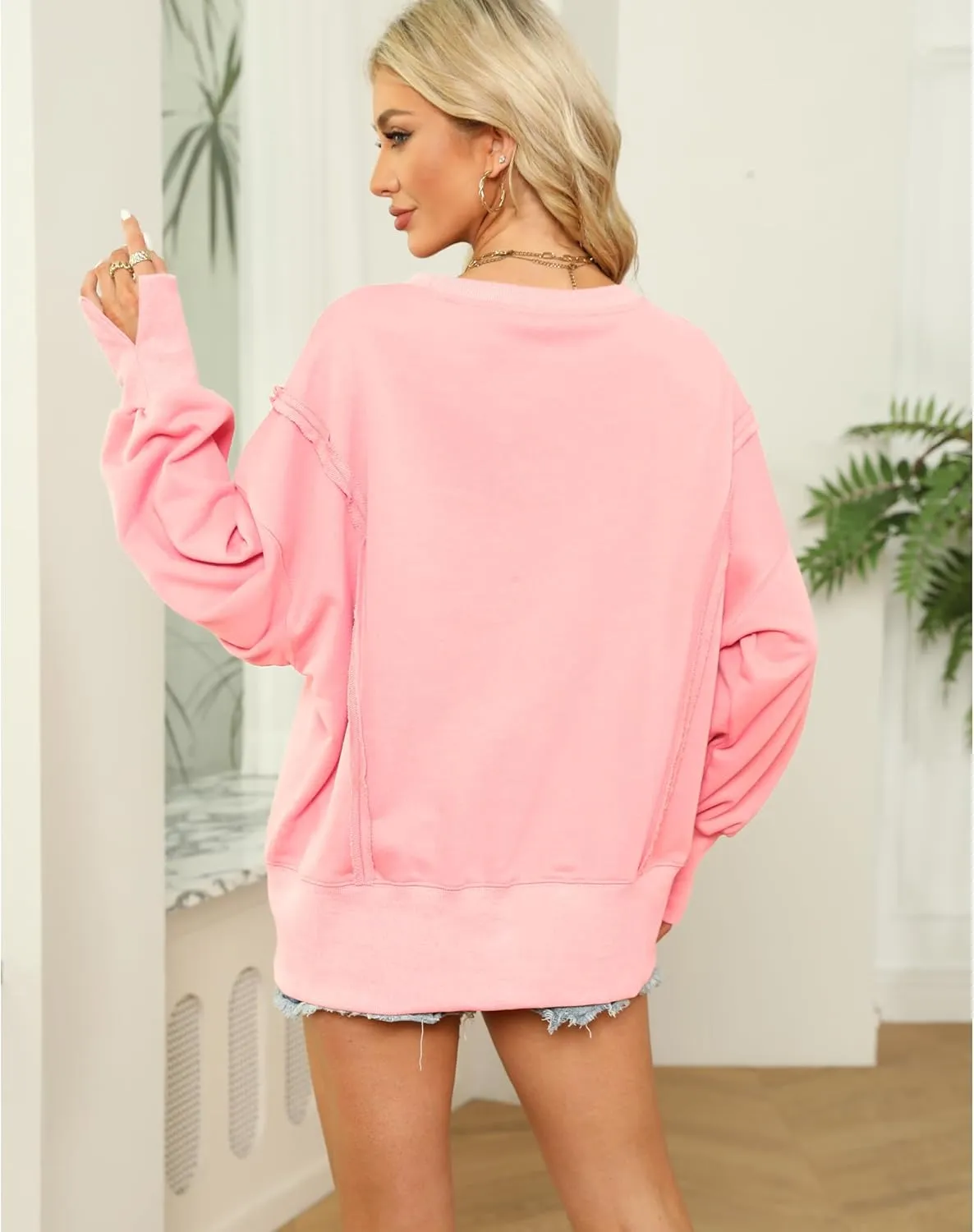 Hixiaohe Women's Oversized Crewneck Sweatshirts Casual Long Sleeve Side Split Pullover Tops Fall Slouchy Hoodie