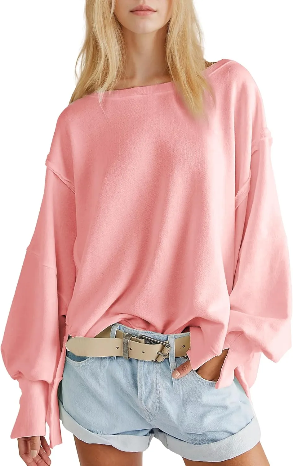 Hixiaohe Women's Oversized Crewneck Sweatshirts Casual Long Sleeve Side Split Pullover Tops Fall Slouchy Hoodie
