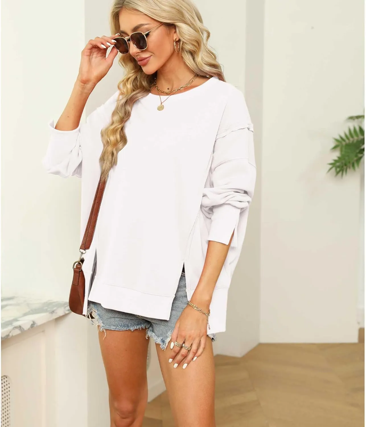 Hixiaohe Women's Oversized Crewneck Sweatshirts Casual Long Sleeve Side Split Pullover Tops Fall Slouchy Hoodie