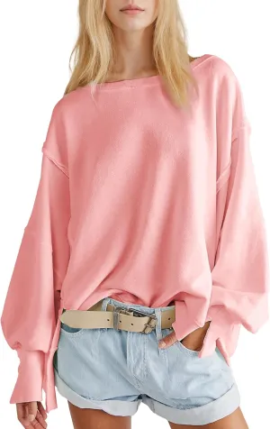 Hixiaohe Women's Oversized Crewneck Sweatshirts Casual Long Sleeve Side Split Pullover Tops Fall Slouchy Hoodie