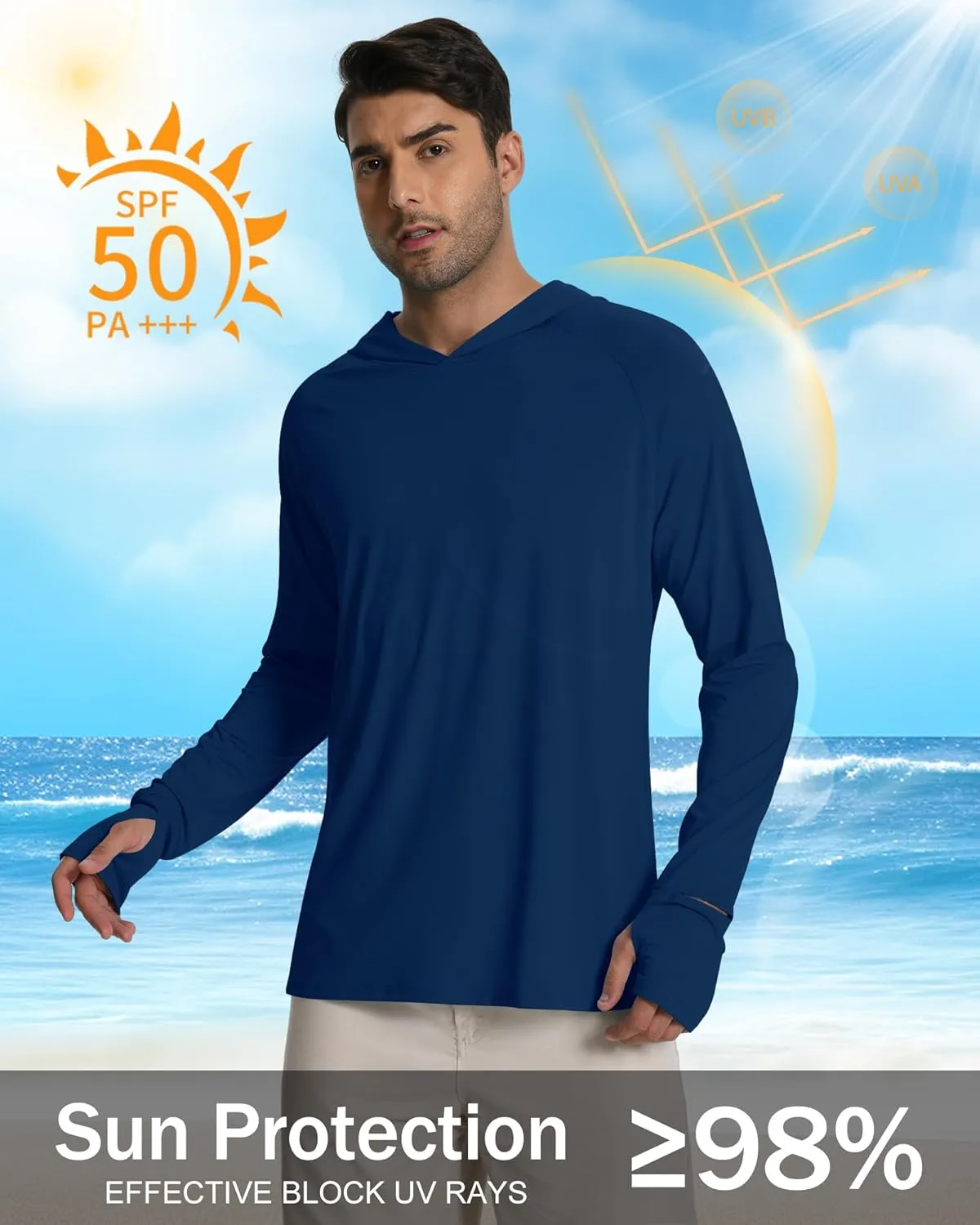 Hotfiary Mens Long Sleeve Fishing Hoodie Shirts UPF 50  Sun Protection Hiking Rash Guard Athletic Running Workout Quick Dry
