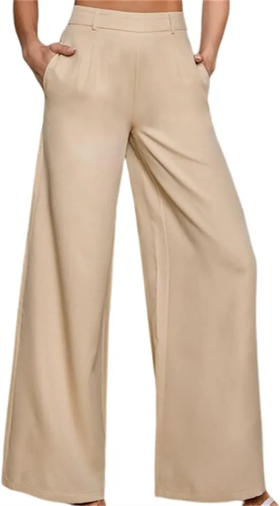HOULENGS Women's High Waist Wide Leg Trousers Casual Straight Long Pants with Pockets