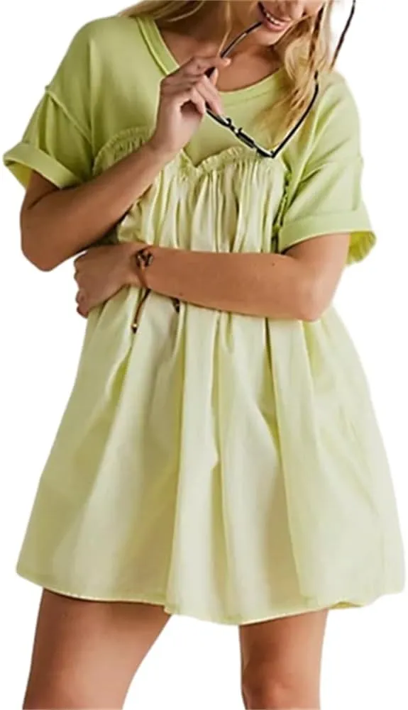 HOULENGS Women's Oversized Sweatshirt Dress Crew Neck Patchwork Mini Dress Short Sleeve Loose Fit Pullover Pleated Dresses
