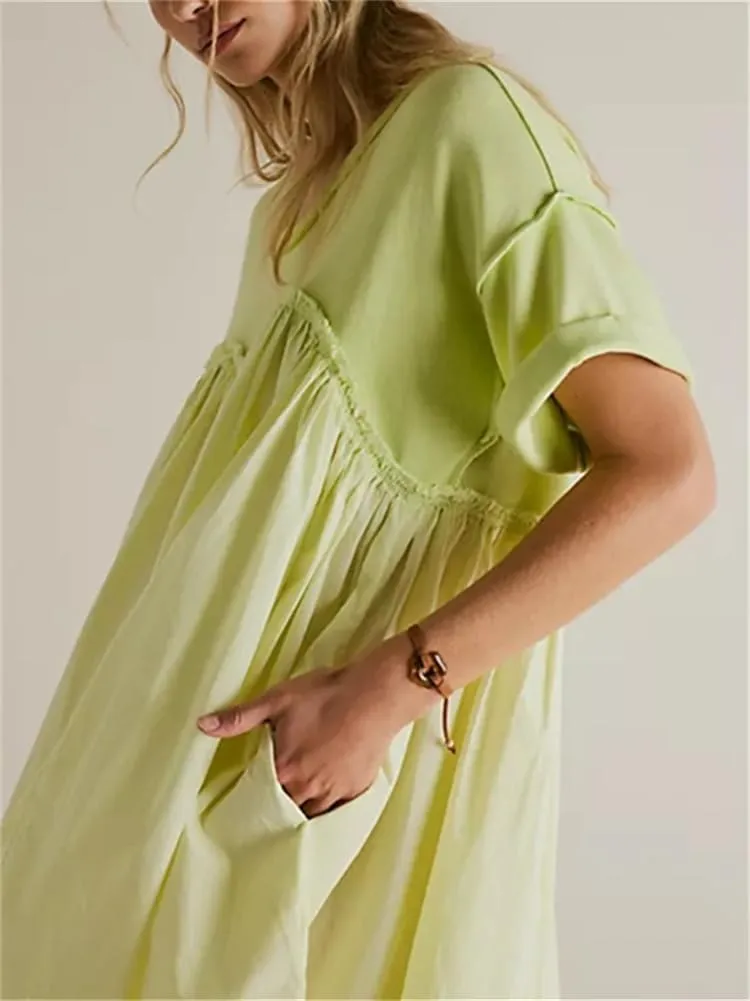 HOULENGS Women's Oversized Sweatshirt Dress Crew Neck Patchwork Mini Dress Short Sleeve Loose Fit Pullover Pleated Dresses