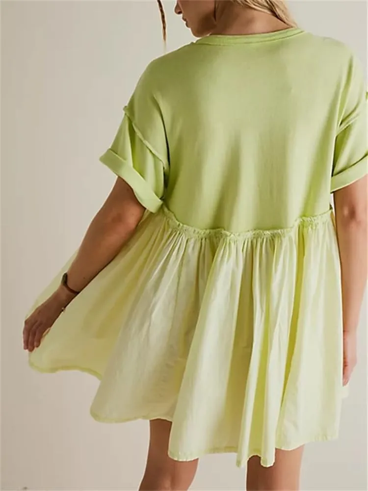 HOULENGS Women's Oversized Sweatshirt Dress Crew Neck Patchwork Mini Dress Short Sleeve Loose Fit Pullover Pleated Dresses