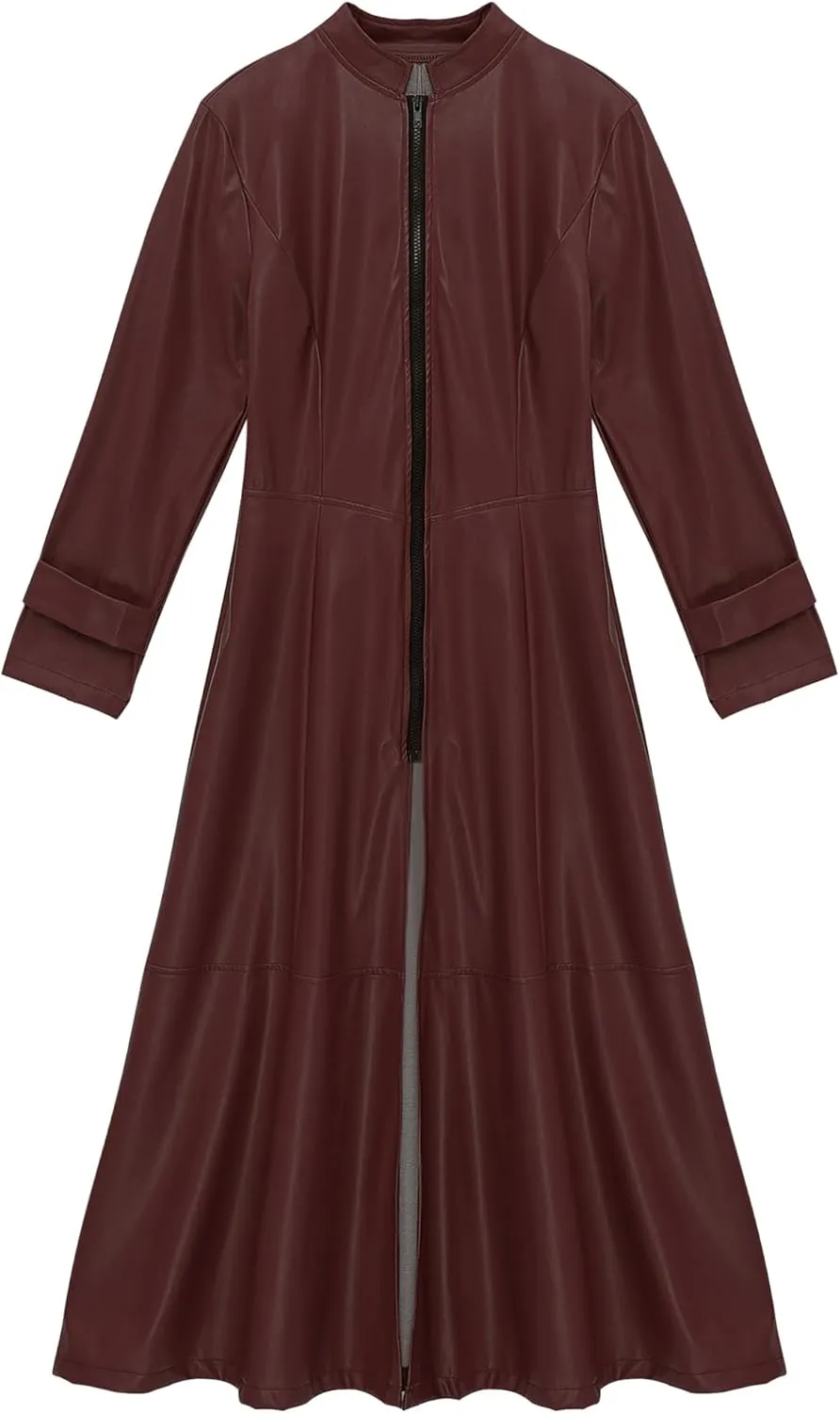 Hularka Women's PU Leather Stand Collar Zipper Full Length Jacket Slim Waist Trench Coat Overcoat