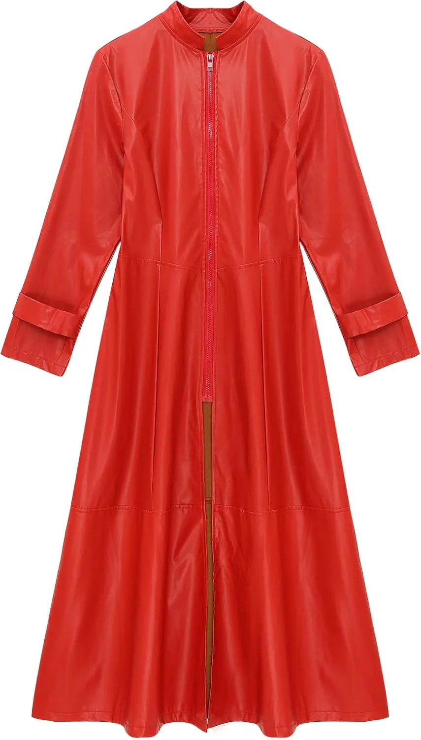 Hularka Women's PU Leather Stand Collar Zipper Full Length Jacket Slim Waist Trench Coat Overcoat