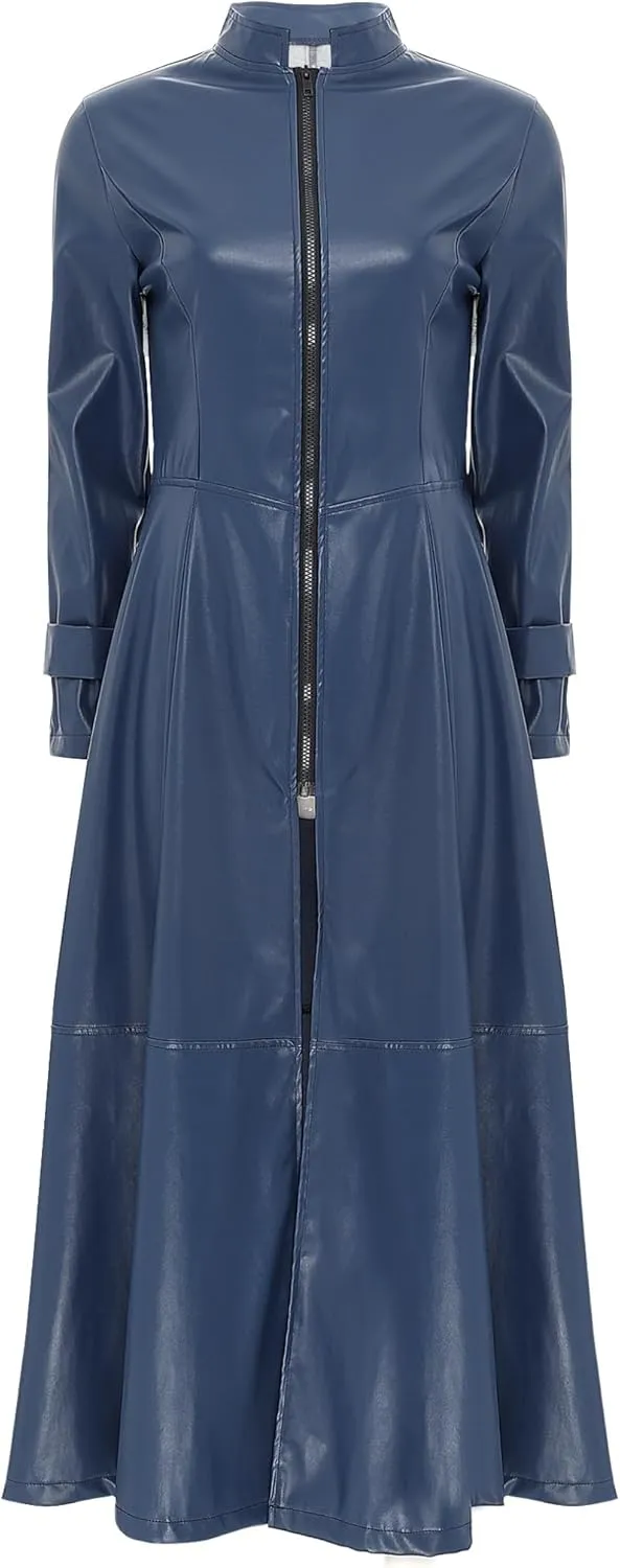 Hularka Women's PU Leather Stand Collar Zipper Full Length Jacket Slim Waist Trench Coat Overcoat