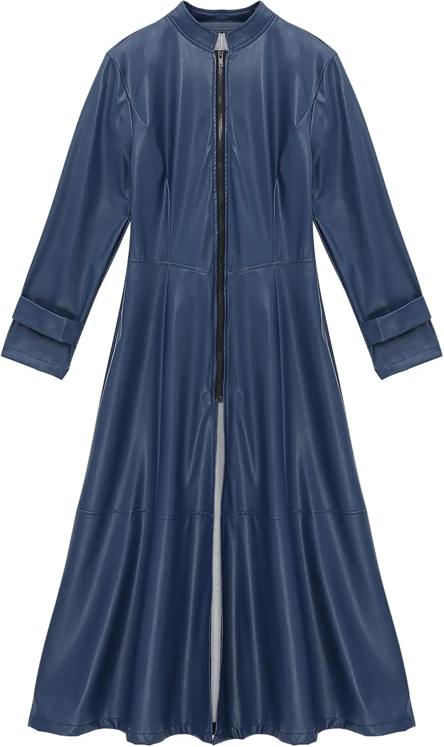 Hularka Women's PU Leather Stand Collar Zipper Full Length Jacket Slim Waist Trench Coat Overcoat