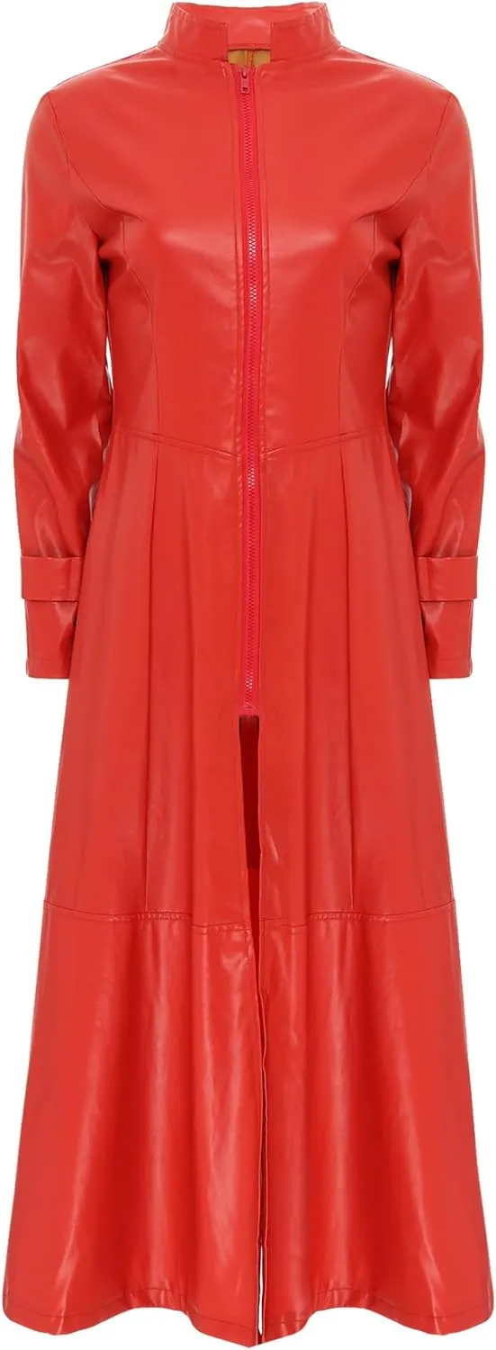 Hularka Women's PU Leather Stand Collar Zipper Full Length Jacket Slim Waist Trench Coat Overcoat