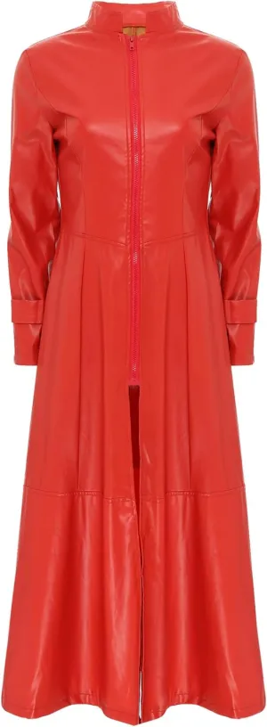 Hularka Women's PU Leather Stand Collar Zipper Full Length Jacket Slim Waist Trench Coat Overcoat