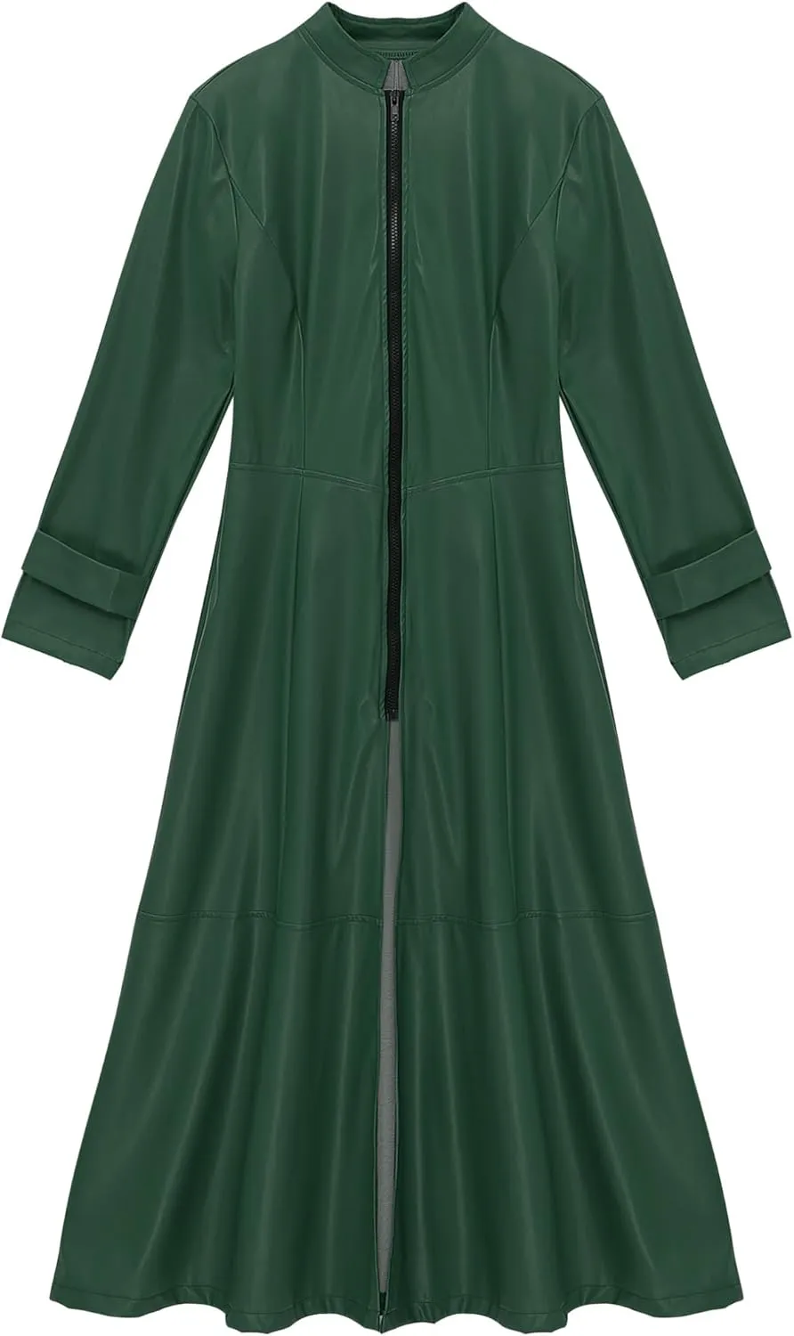 Hularka Women's PU Leather Stand Collar Zipper Full Length Jacket Slim Waist Trench Coat Overcoat