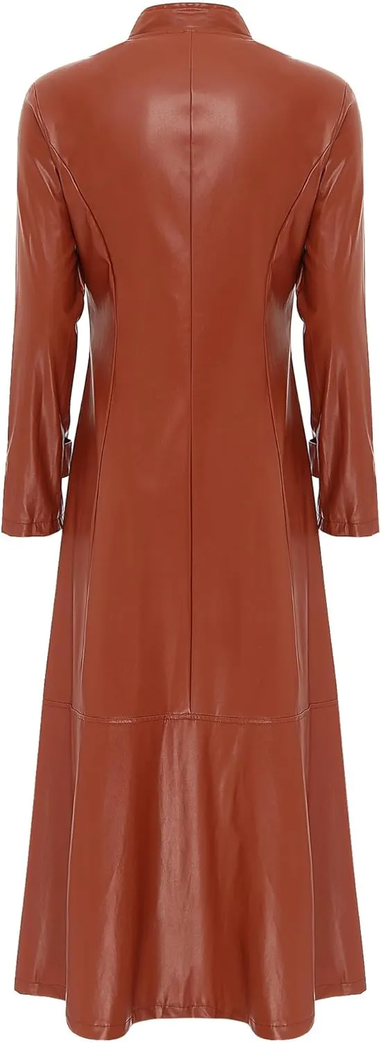Hularka Women's PU Leather Stand Collar Zipper Full Length Jacket Slim Waist Trench Coat Overcoat