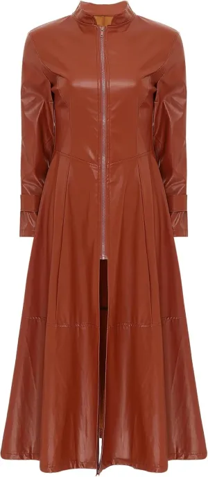 Hularka Women's PU Leather Stand Collar Zipper Full Length Jacket Slim Waist Trench Coat Overcoat