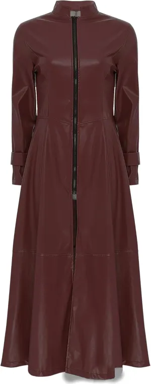 Hularka Women's PU Leather Stand Collar Zipper Full Length Jacket Slim Waist Trench Coat Overcoat