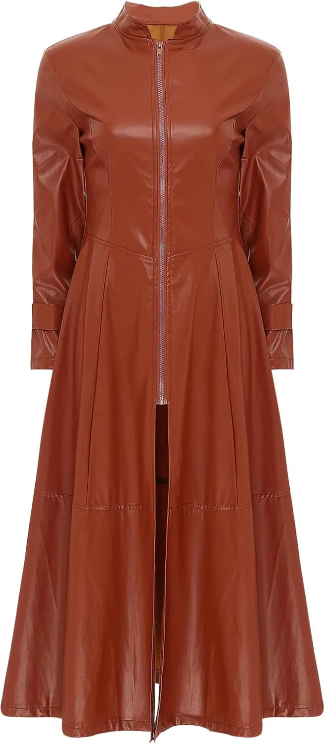 Hularka Women's PU Leather Stand Collar Zipper Full Length Jacket Slim Waist Trench Coat Overcoat