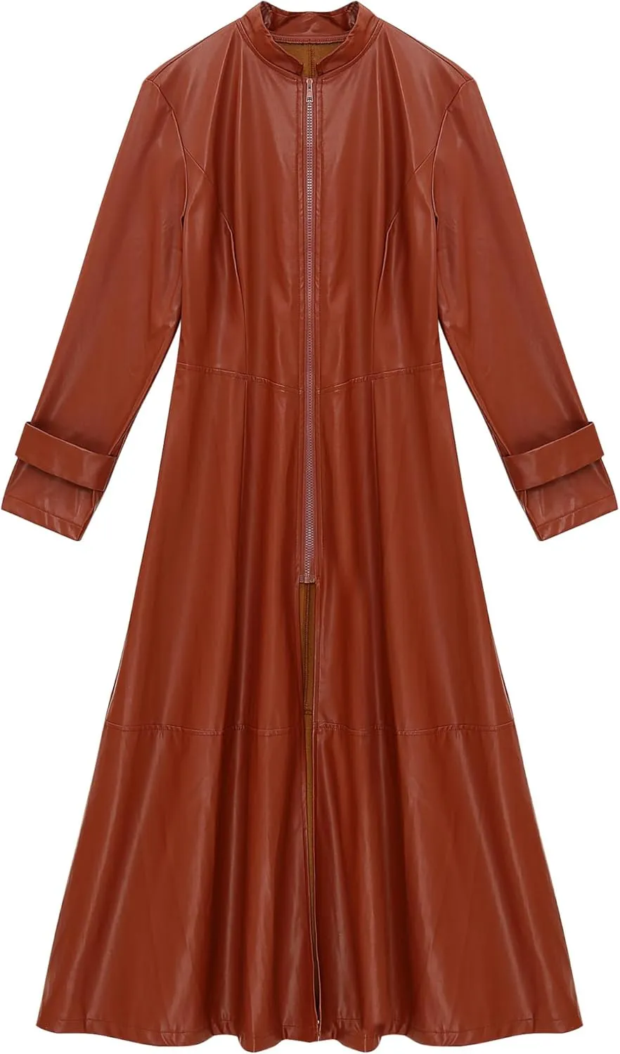 Hularka Women's PU Leather Stand Collar Zipper Full Length Jacket Slim Waist Trench Coat Overcoat