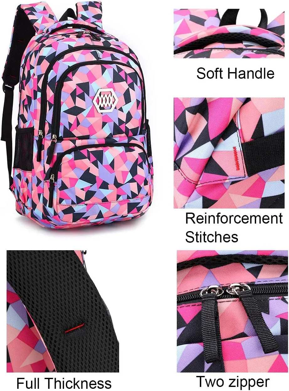 JiaYou Girl Geometric Printed Primary Junior High University School Bag Bookbag 3pcs Backpack Sets(2# Pink-3pcs,35 L)