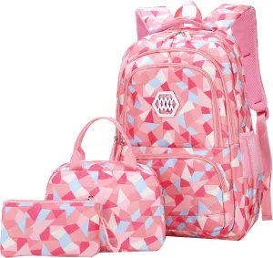 JiaYou Girl Geometric Printed Primary Junior High University School Bag Bookbag 3pcs Backpack Sets(2# Pink-3pcs,35 L)