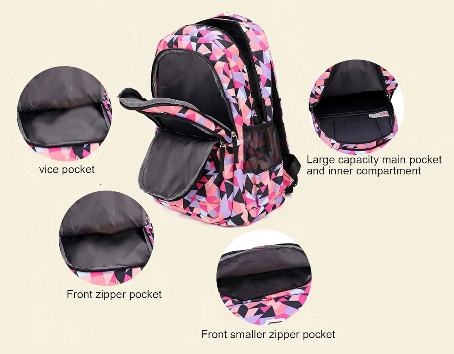 JiaYou Girl Geometric Printed Primary Junior High University School Bag Bookbag 3pcs Backpack Sets(2# Pink-3pcs,35 L)