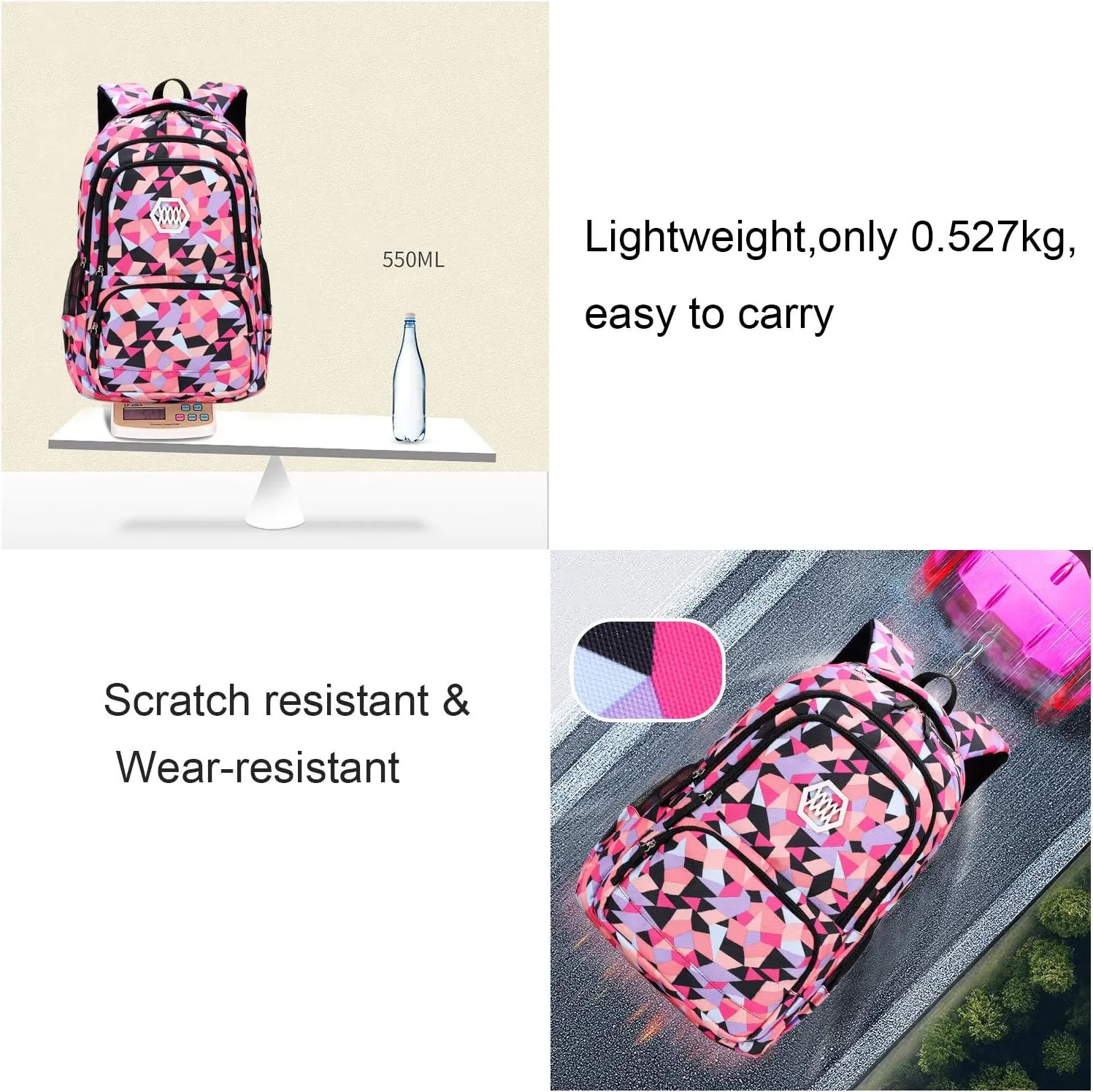 JiaYou Girl Geometric Printed Primary Junior High University School Bag Bookbag 3pcs Backpack Sets(2# Pink-3pcs,35 L)
