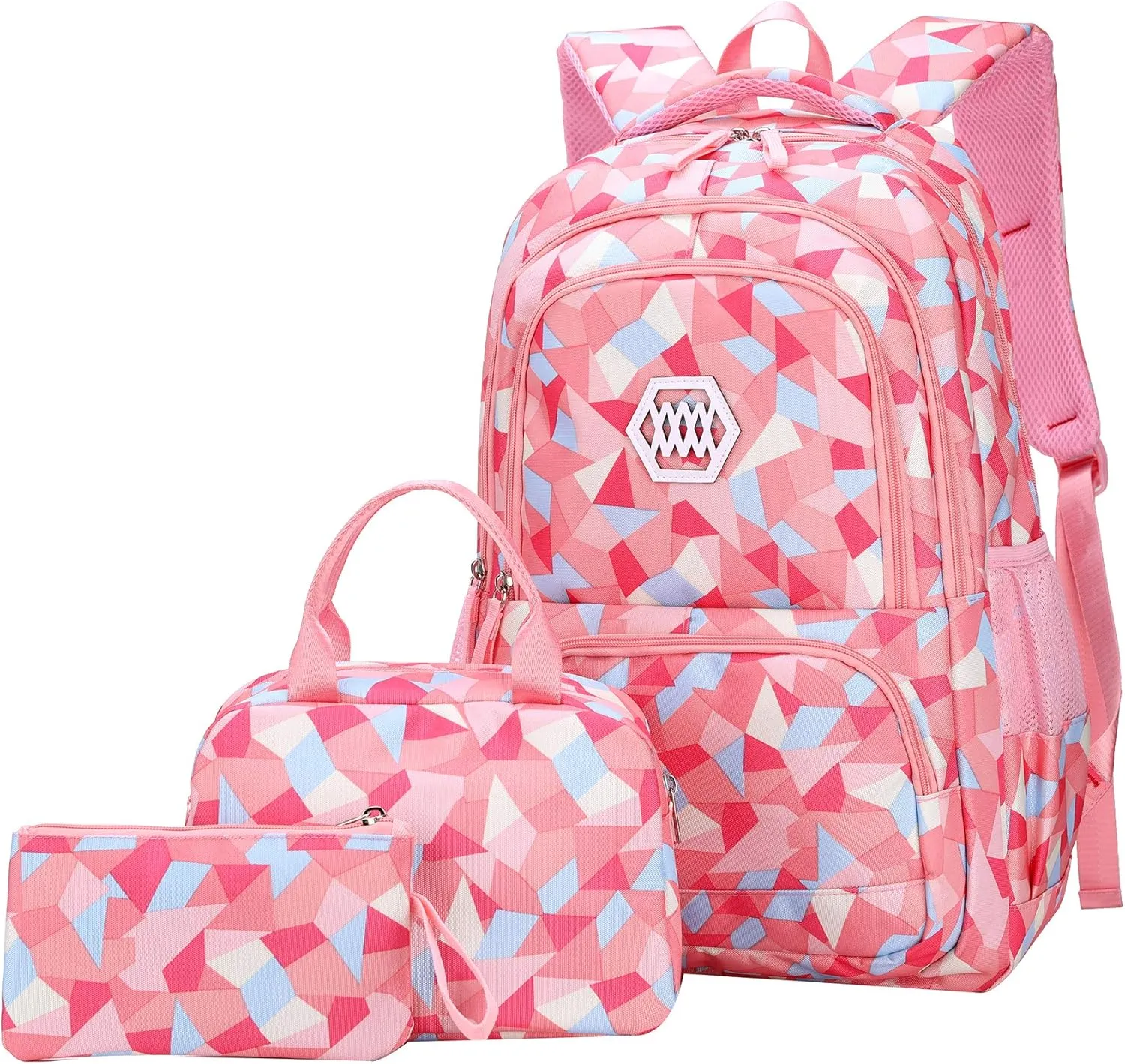 JiaYou Girl Geometric Printed Primary Junior High University School Bag Bookbag 3pcs Backpack Sets(2# Pink-3pcs,35 L)