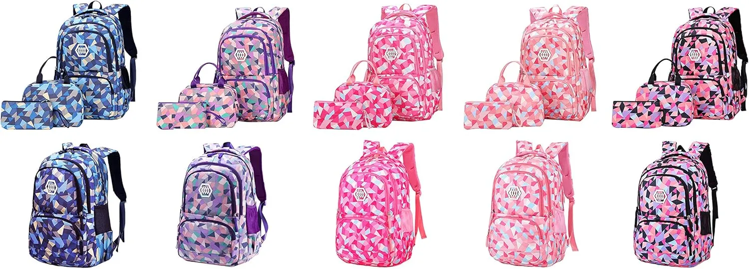 JiaYou Girl Geometric Printed Primary Junior High University School Bag Bookbag 3pcs Backpack Sets(2# Pink-3pcs,35 L)