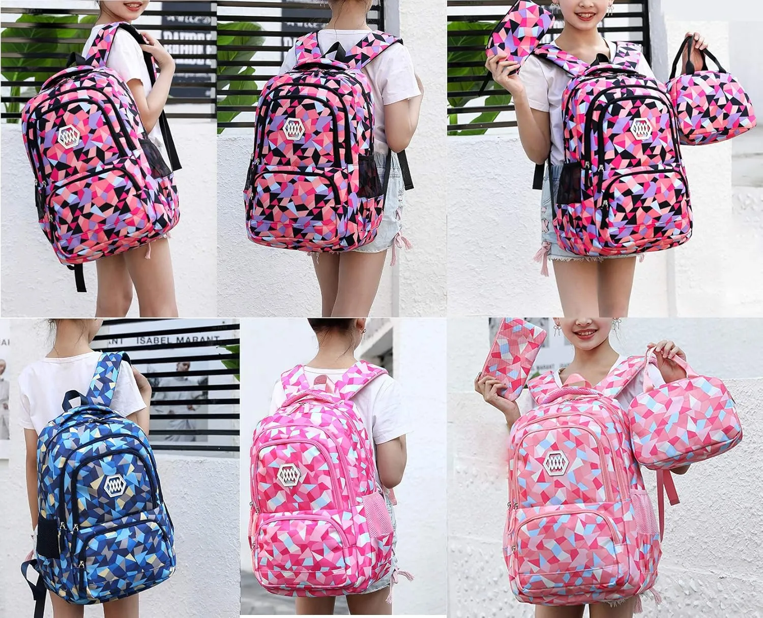 JiaYou Girl Geometric Printed Primary Junior High University School Bag Bookbag 3pcs Backpack Sets(2# Pink-3pcs,35 L)