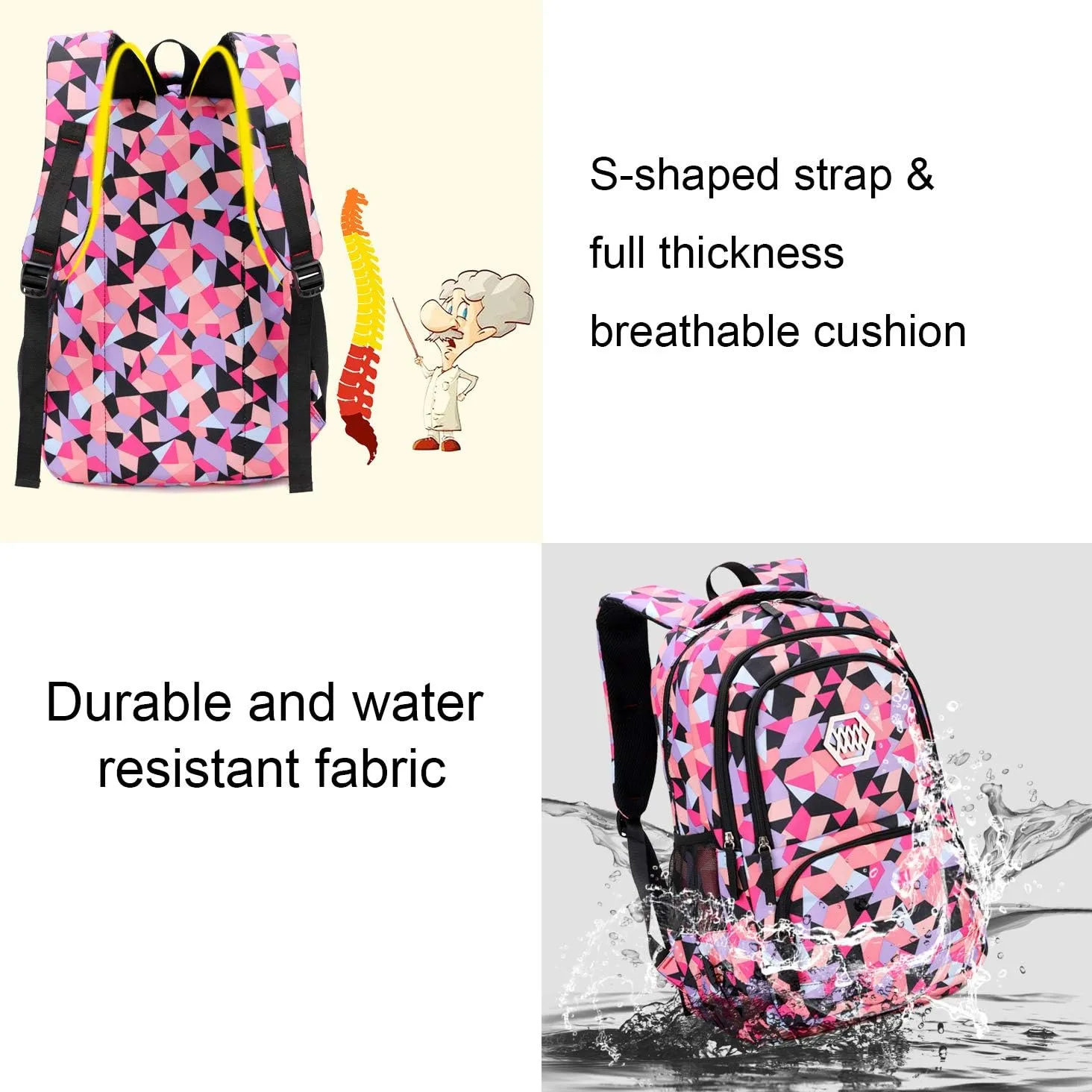 JiaYou Girl Geometric Printed Primary Junior High University School Bag Bookbag 3pcs Backpack Sets(2# Pink-3pcs,35 L)