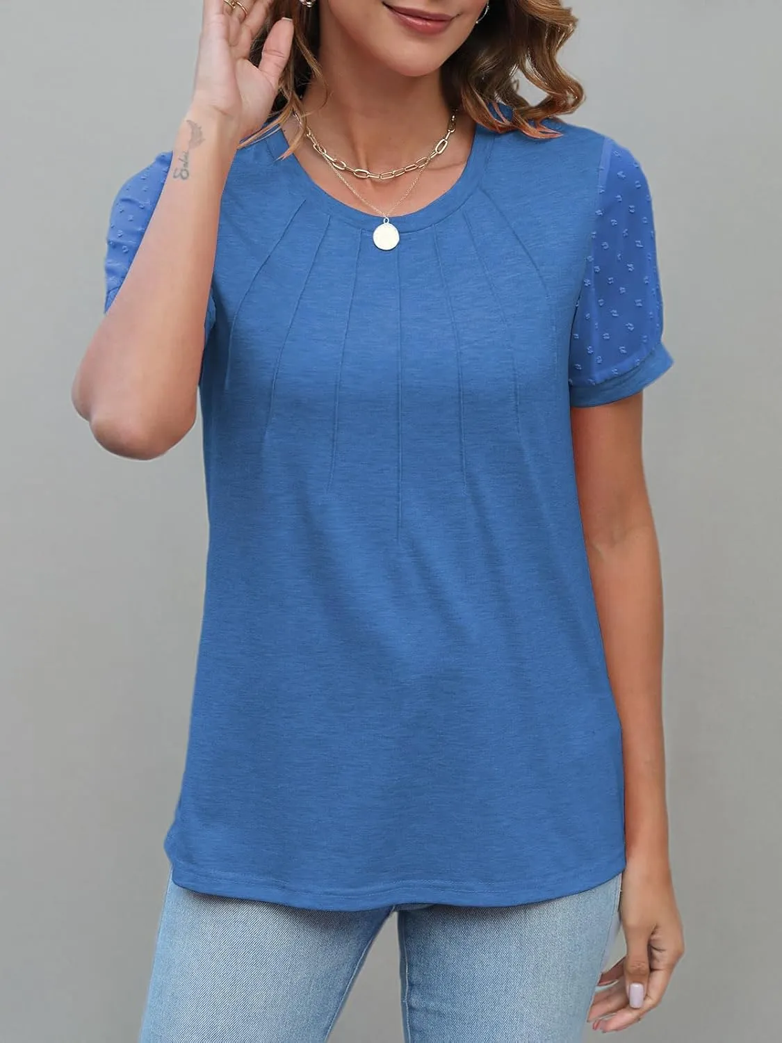 JomeDesign Summer Tops for Women Short Sleeve Crew Neck Pleated Shirts Swiss Dot Puff Sleeve Tshirts Loose Casual Blouses