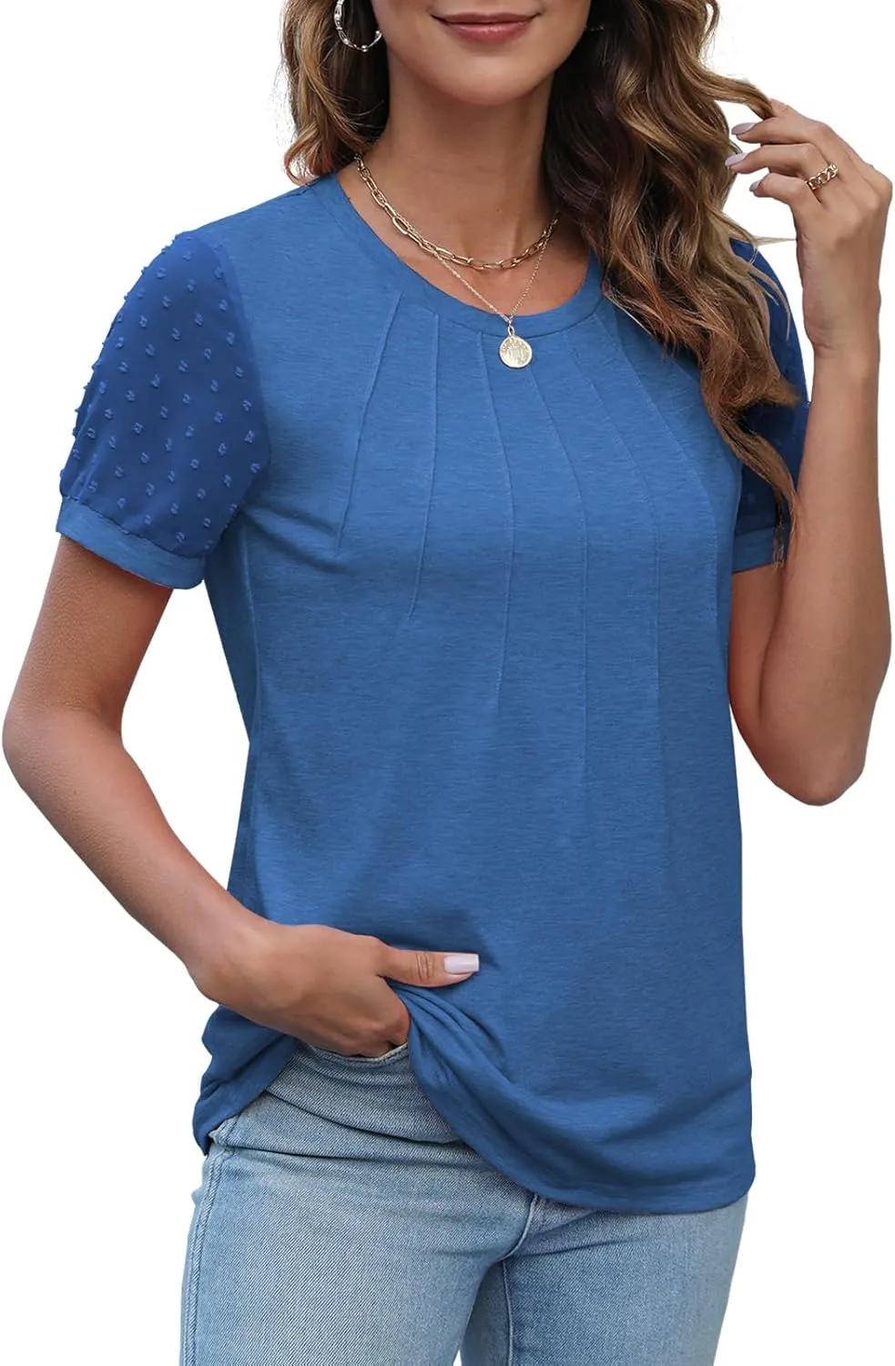 JomeDesign Summer Tops for Women Short Sleeve Crew Neck Pleated Shirts Swiss Dot Puff Sleeve Tshirts Loose Casual Blouses