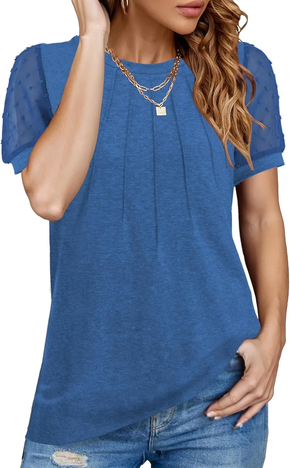 JomeDesign Summer Tops for Women Short Sleeve Crew Neck Pleated Shirts Swiss Dot Puff Sleeve Tshirts Loose Casual Blouses