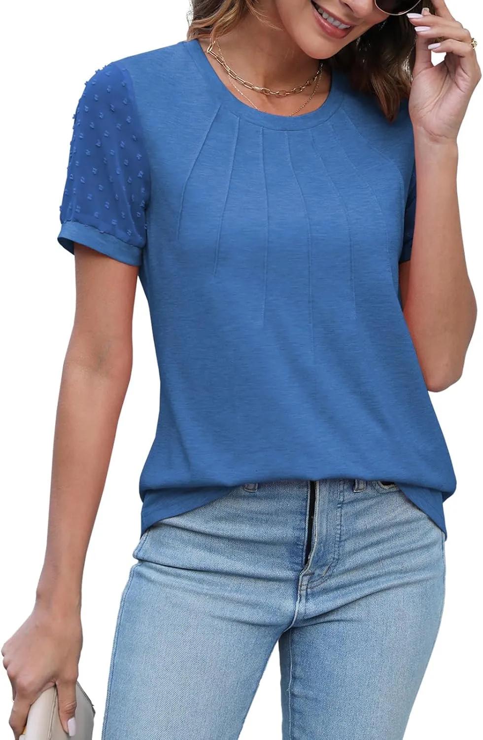 JomeDesign Summer Tops for Women Short Sleeve Crew Neck Pleated Shirts Swiss Dot Puff Sleeve Tshirts Loose Casual Blouses