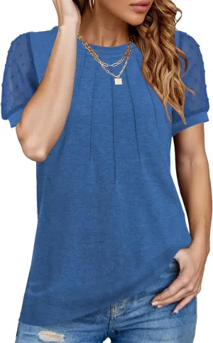 JomeDesign Summer Tops for Women Short Sleeve Crew Neck Pleated Shirts Swiss Dot Puff Sleeve Tshirts Loose Casual Blouses