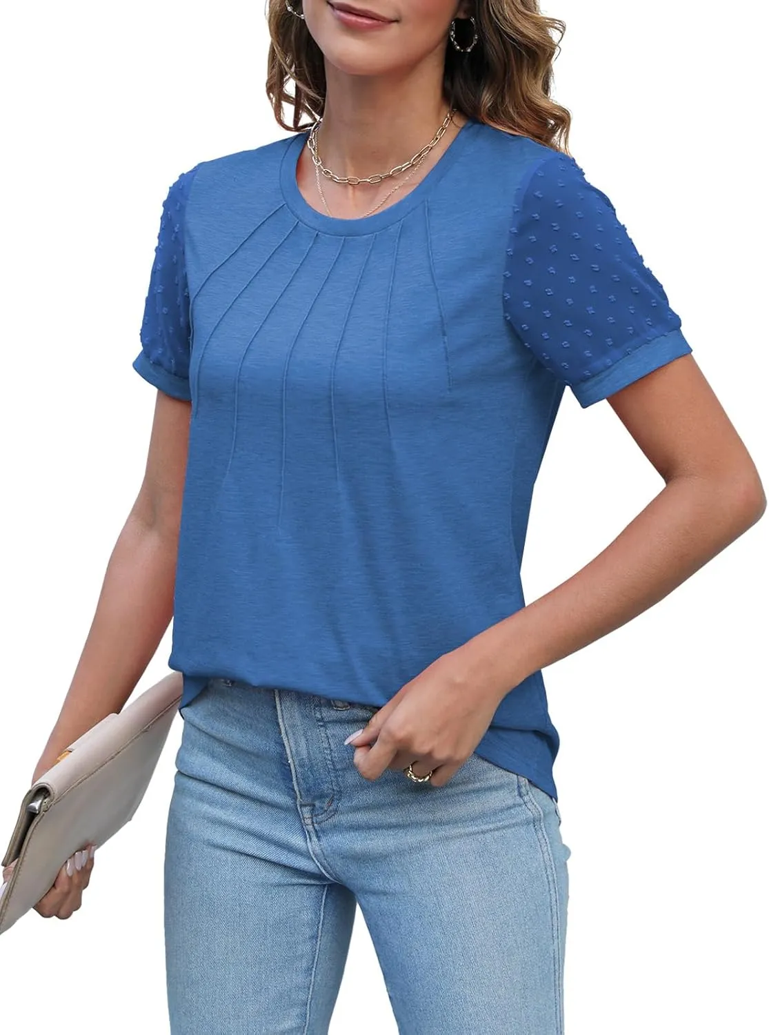 JomeDesign Summer Tops for Women Short Sleeve Crew Neck Pleated Shirts Swiss Dot Puff Sleeve Tshirts Loose Casual Blouses