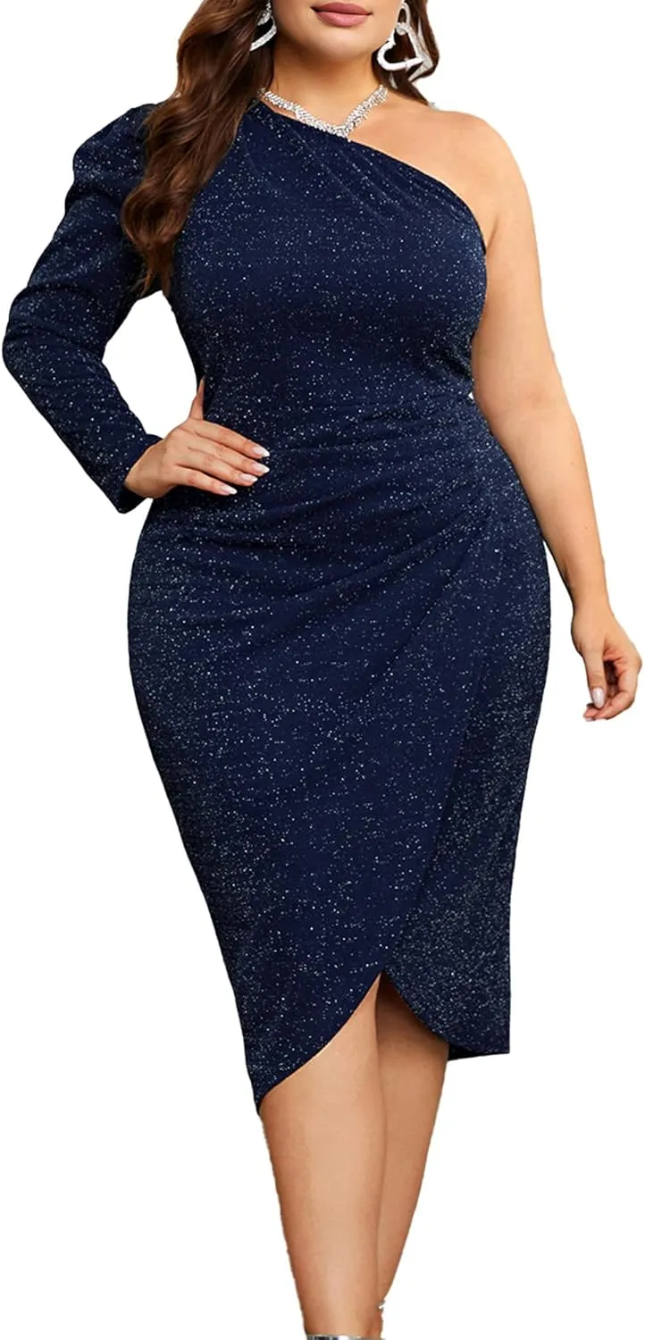 KIMCURVY Women's Plus Size Formal Dress Glitter Cocktail One Shoulder Dresses Ruched Wrap Sparkly Party Midi Bodycon Dress