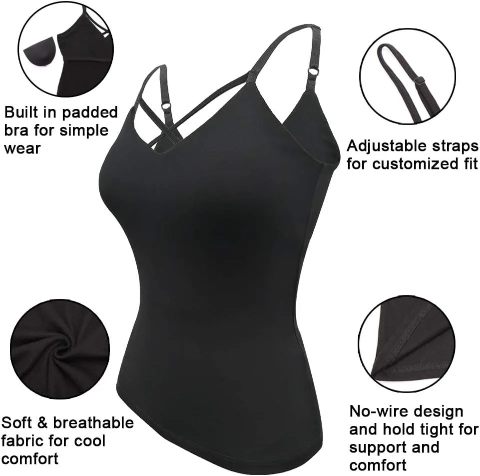 KIWI RATA Camisoles for Women with Built in Bra,Criss Cross Cami Top,Padded Tank Tops for Yoga,Cotton Vest