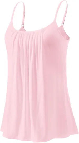 Kniffi Womens Camisole Tank Top Built in Bra Cami Pleated Loose Fit Camisole Adjustable Strap S-XXXXL