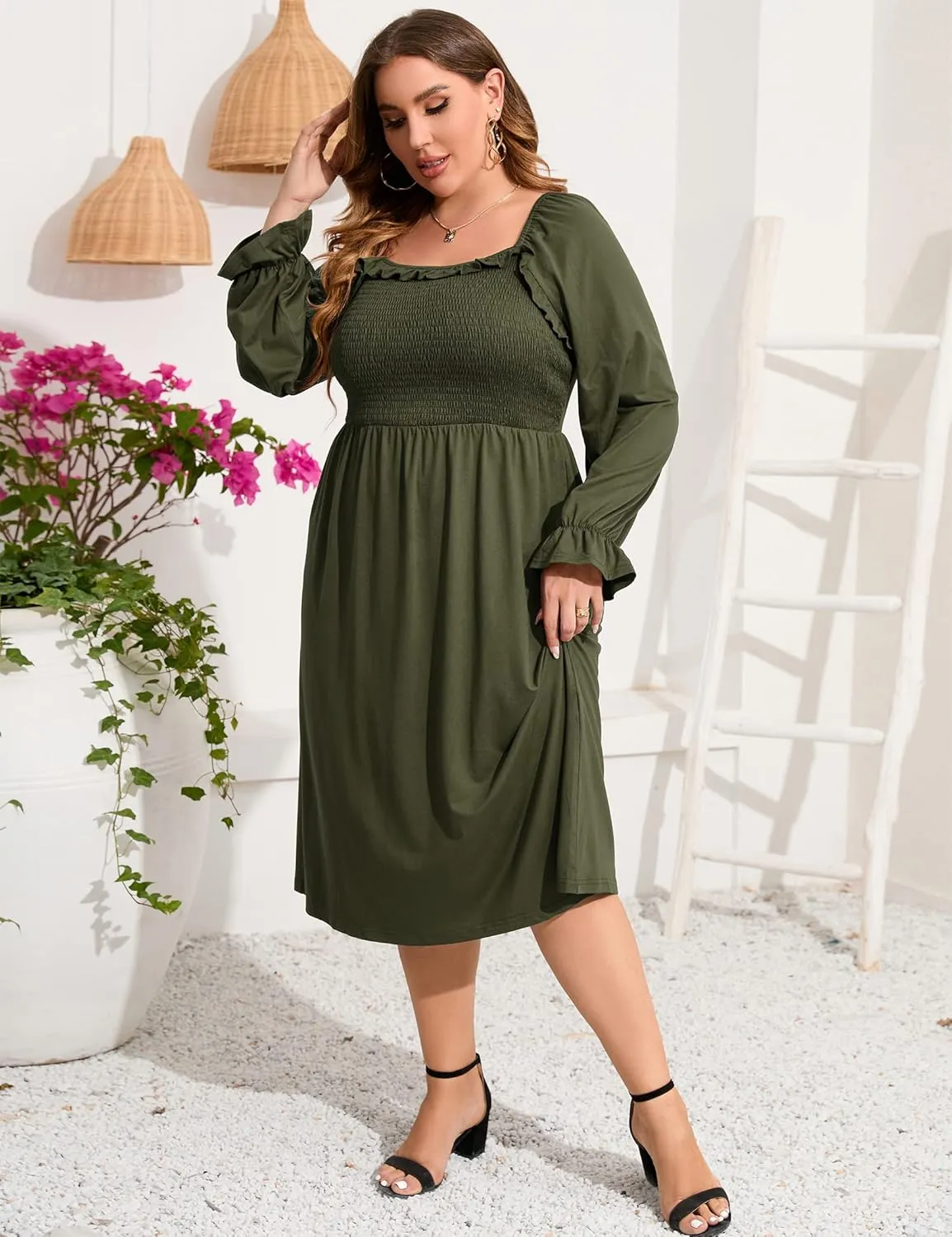 KOJOOIN Women's Plus Size Ruffle Long Sleeve Square Neck Dress High Waist Smocked Tunic Knee Length A-Line Midi Dress