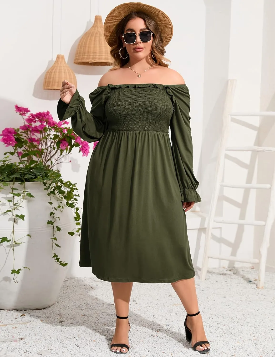 KOJOOIN Women's Plus Size Ruffle Long Sleeve Square Neck Dress High Waist Smocked Tunic Knee Length A-Line Midi Dress