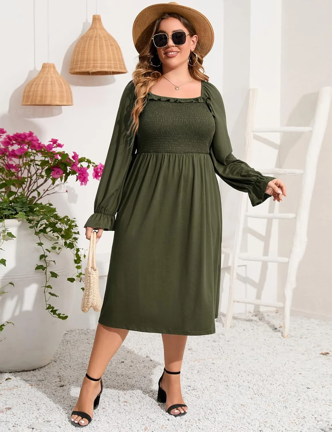 KOJOOIN Women's Plus Size Ruffle Long Sleeve Square Neck Dress High Waist Smocked Tunic Knee Length A-Line Midi Dress