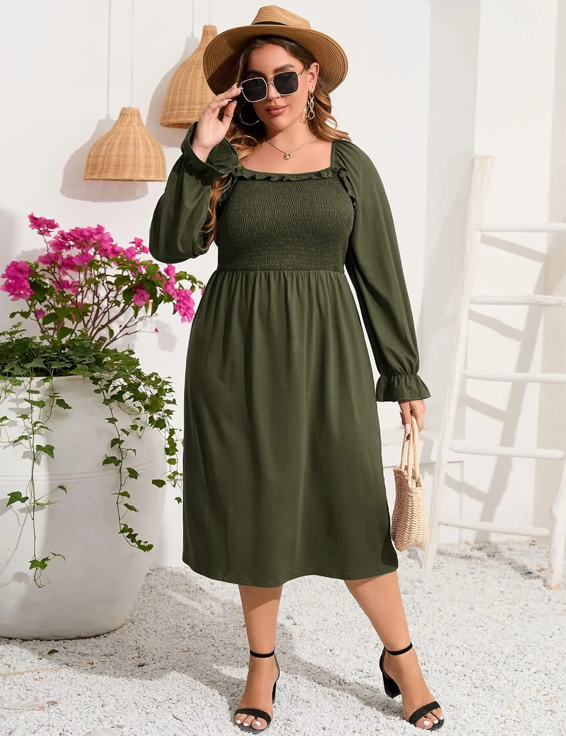 KOJOOIN Women's Plus Size Ruffle Long Sleeve Square Neck Dress High Waist Smocked Tunic Knee Length A-Line Midi Dress
