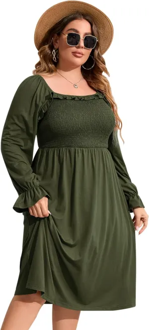 KOJOOIN Women's Plus Size Ruffle Long Sleeve Square Neck Dress High Waist Smocked Tunic Knee Length A-Line Midi Dress