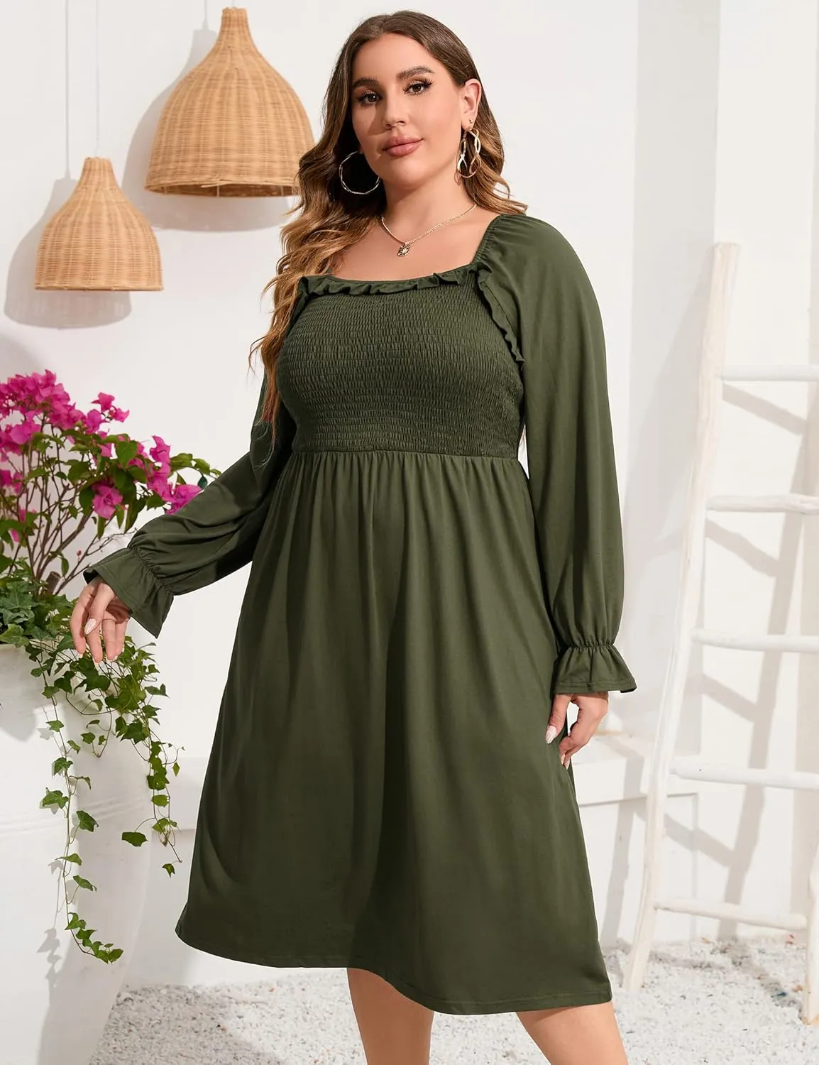 KOJOOIN Women's Plus Size Ruffle Long Sleeve Square Neck Dress High Waist Smocked Tunic Knee Length A-Line Midi Dress