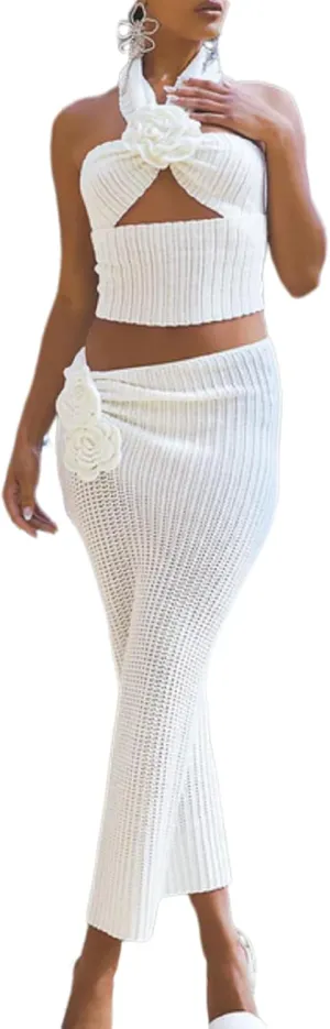 ksotutm 2 Piece Sets for Women Summer Flower Backless Knitted Crop Halter Top and Pencil Skirt