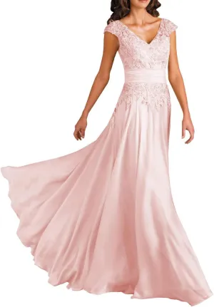 Lace Mother of The Bride Dress Cap Sleeve Applique V Neck Chiffon Formal Evening Gowns LYQ54