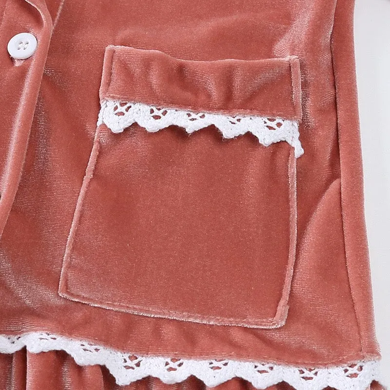 Lace Velvet Long Sleeves Nightgown Set